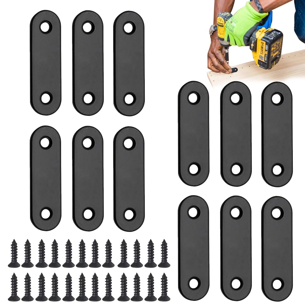 Serplex® 12Pcs Flat Plate Straight Brackets with Screws, Flat Brace Bracket Stainless Steel Mending Joining Plates for Wood, Board, Bed Frame, Furniture & Shelves, 50mm, Black