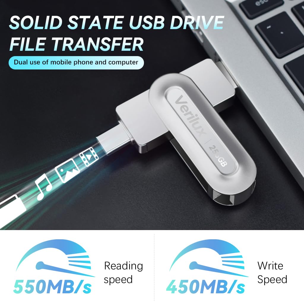 Verilux Pendrive 256GB for iPhone and Android with USB C & A featuring 360° Rotation Design