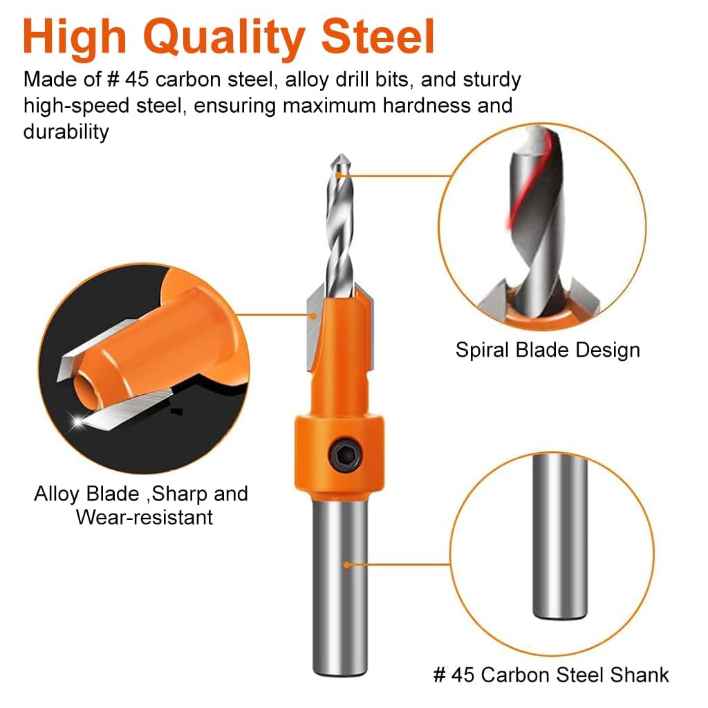Serplex® 60PCS Wood Countersink Drill Bit Set 5PCS with Extra Pilot Tapered Bits 8mm Round Shank Counter Sinker for Woodworking
