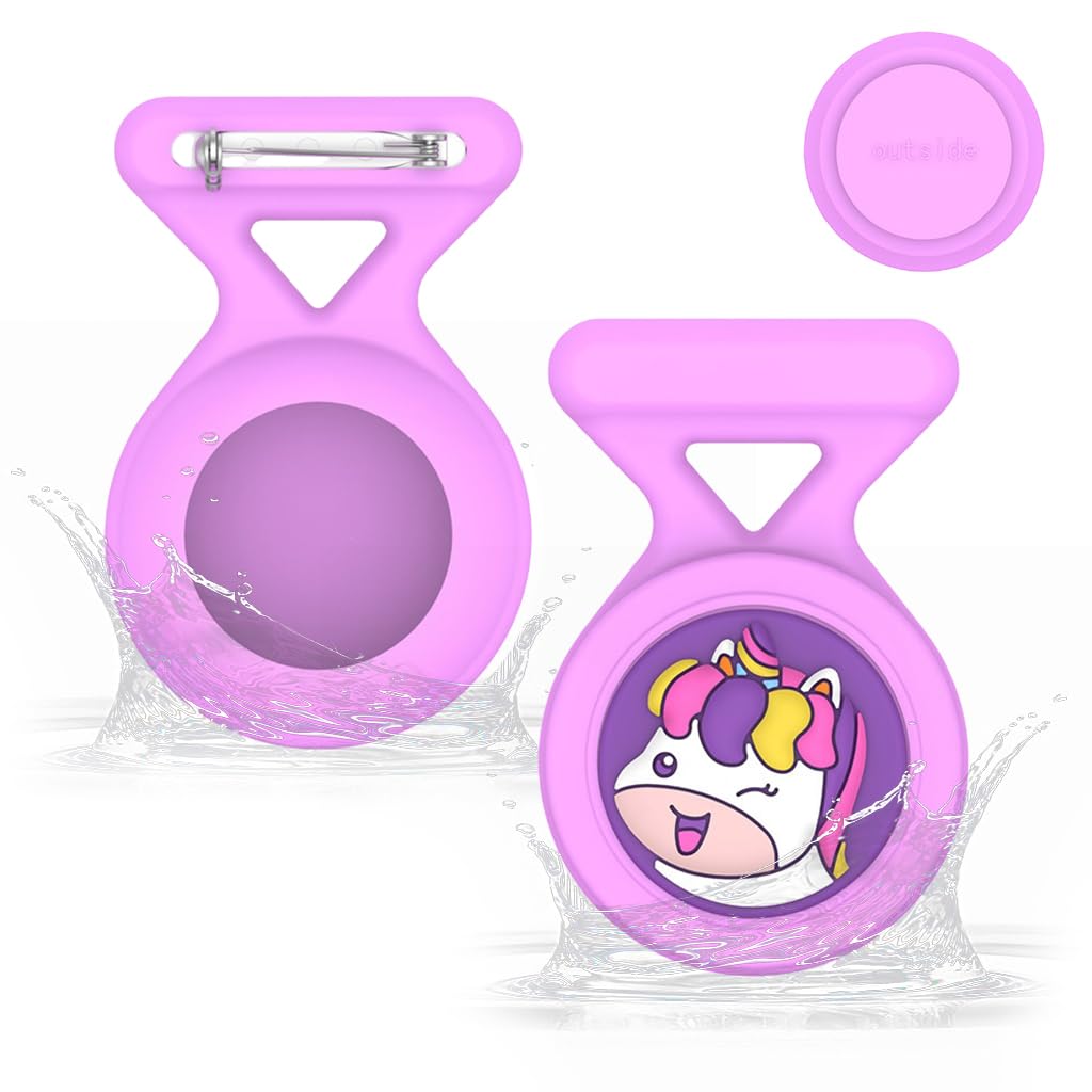 ZORBES® Waterproof AirTag Holder Cartoon Unicorn Purple Brooch Pin AirTag Holder Silicone Waterproof AirTag Holder Anti-Lost Brooch Pin AirTag Holder for Kids, Luggage, Bag, Backpack