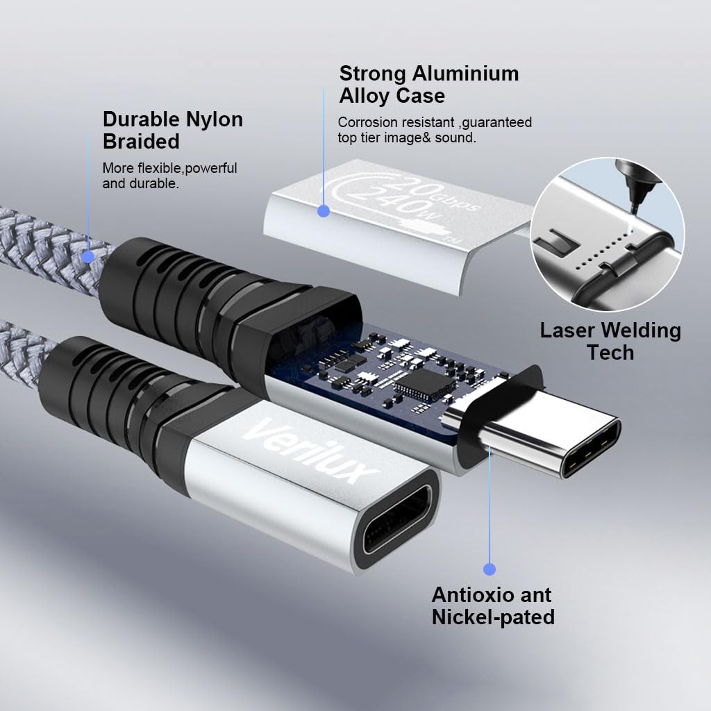 Verilux® USB Type C Extension Cable 3.3ft/1m(20Gbps, 240W), USB C 3.2 Gen Male to Female USB Cable, Support 4K@60Hz Video Cable, Compatible with USB C Hub/MacBook/iPad Pro/Magsafe Charger/Switch