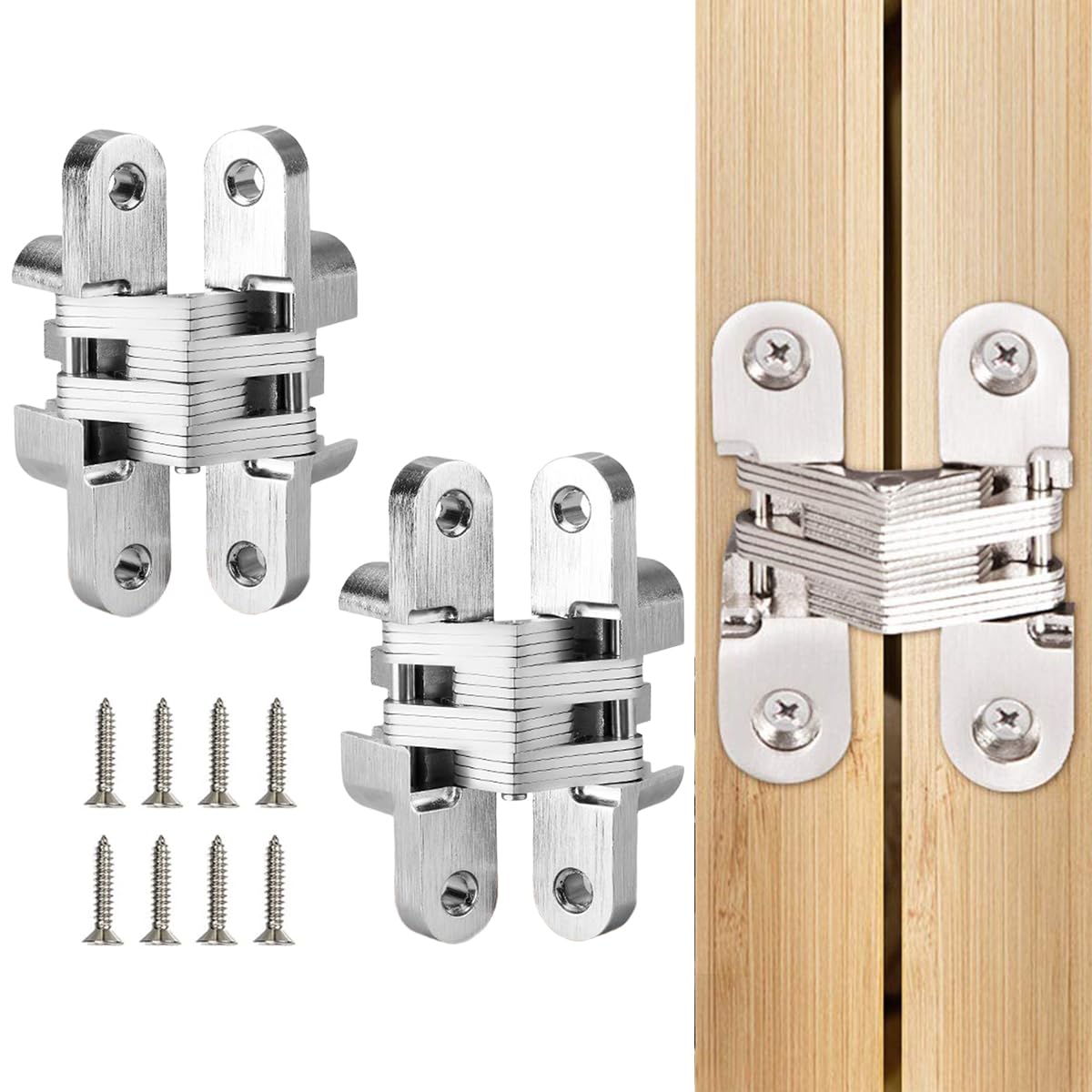Serplex® 2Pcs Hidden Door Hinges for 25mm Thickness Door, Invisible Quiet Cabinet Hinges, Heavy-Duty Alloy Steel Concealed Hinges for Large Doors, Supports 20KG, 0.59'' Leaf Width, 2.75" Leaf Hight