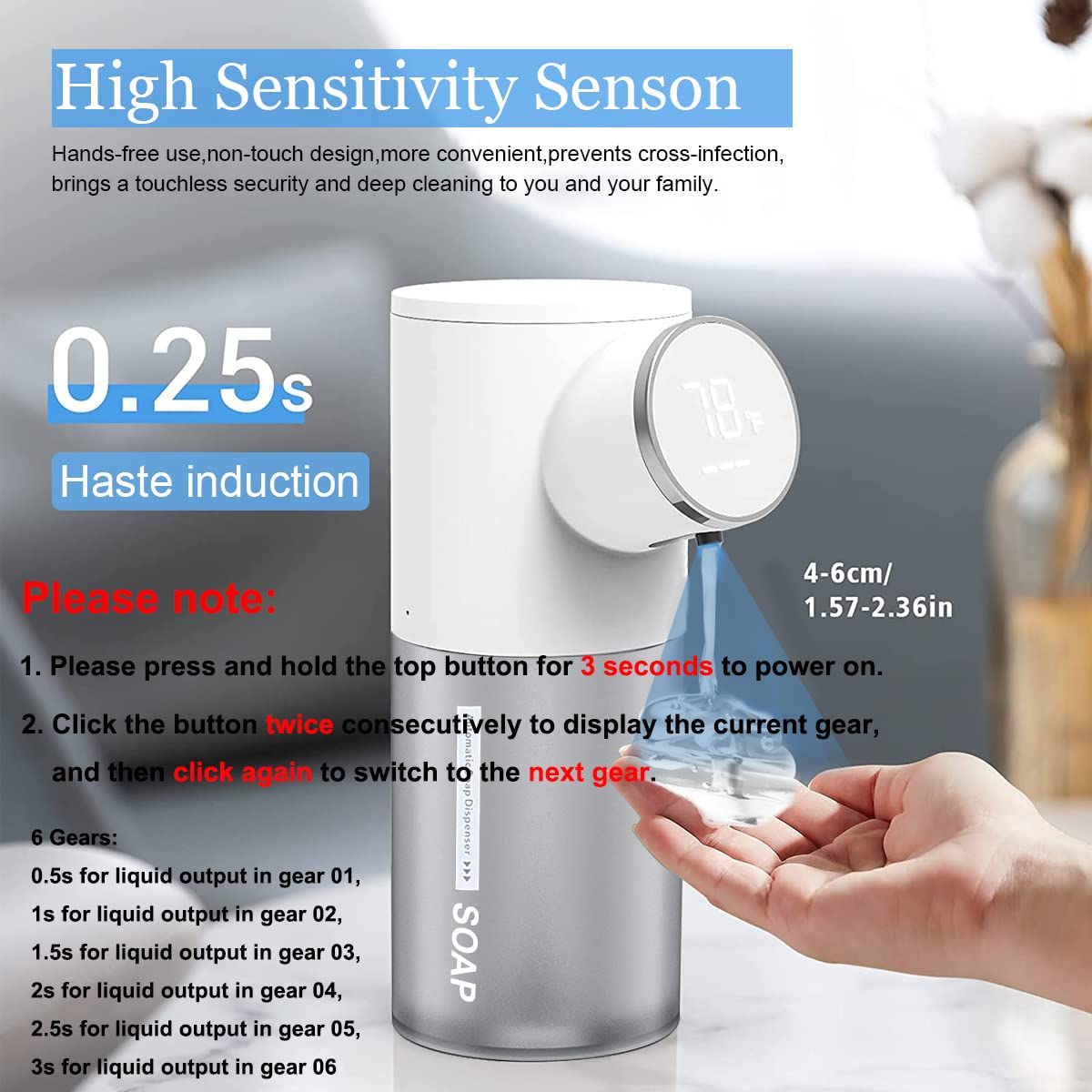 Verilux 1500mAh Soap Dispenser for Bathroom Automatic Touchless Soap Dispenser 320ml Liquid Soap Dispenser for Kitchen Sink LCD Temperature & Battery Display Sanitizer Gel Foaming Handwash Dispenser