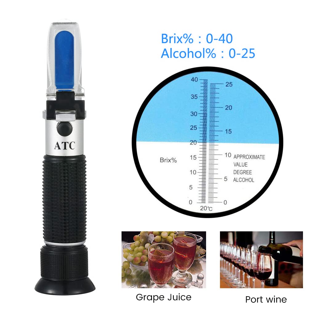 ZORBES® Refractometer for Wine Beer Brewing with ATC and Dual Scale of Brix 0-40% and Alcohol 0-25% vol, Refractometer for Measuring Sugar Content in Grape Juice & Predicting Wine Alcohol Degree