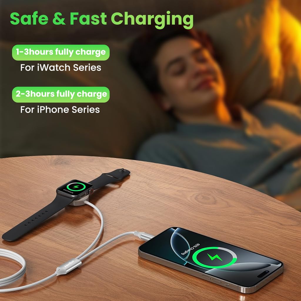 Verilux 4 in 1 Watch Charger Cable for Apple with 4.9 ft USB C Fast Charging Pad | Dual Device Power