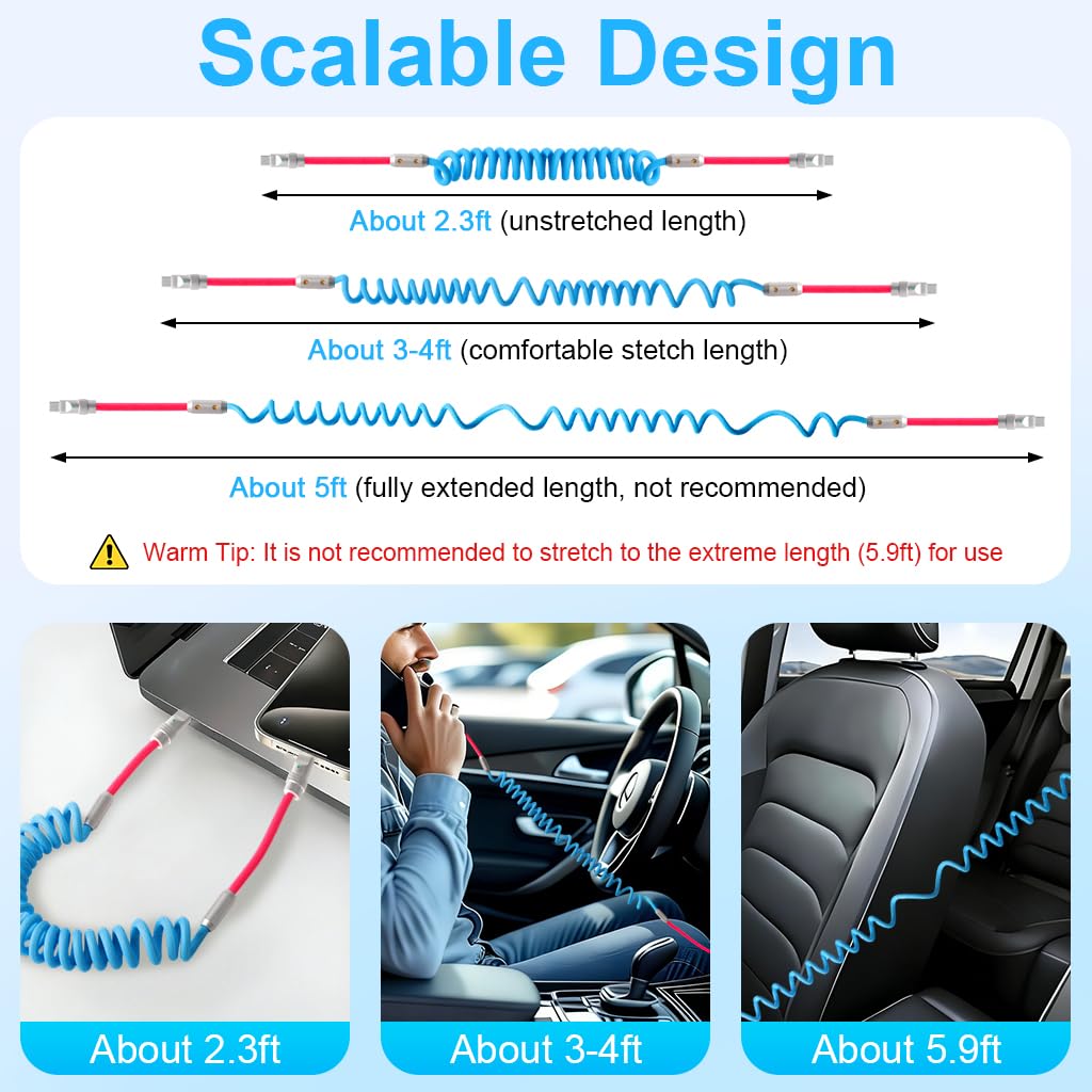 Verilux® PD 66W Type C Cable Fast Charging with Spring, 5.9Ft C Type Charger Cable with 480Mbps Data Transmission, No Tangle Retractable Type C Cable for iPhone 17/17 Plus/17 Pro/16/15, Galaxy S25/S24