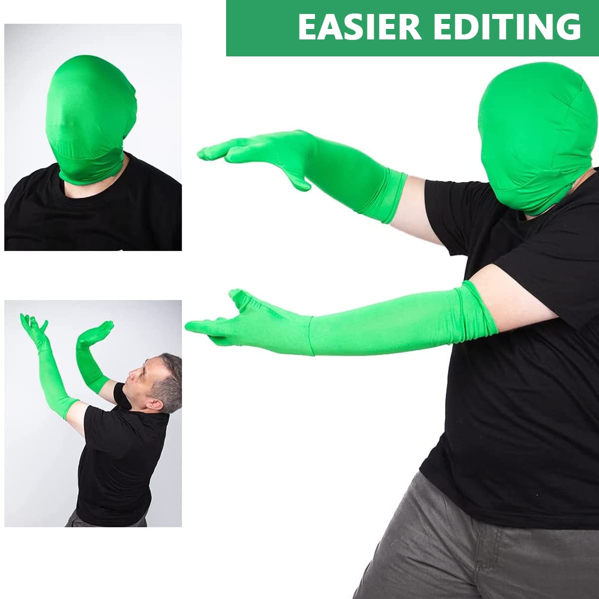 Verilux Green Screen Photography Props Green Headcover and Long Sleeve Gloves Chroma Key Special Effects Background Chroma Keying Green Gloves and Head Cover for Digital Image and Video Editing