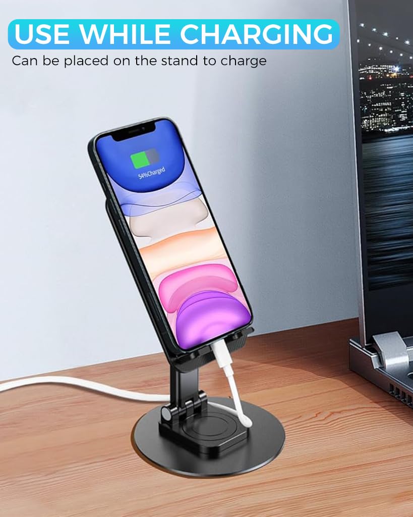 ZORBES® Phone Stand Desk Metal Phone Holder 360° Rotatable Mobile Phone Stand, Adjustable Tilting Mobile Stand, Anti-Slip Metal Phone Stand for iPhone 15/14/ 13, Samsung, More