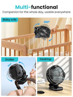 Verilux USB Desk Fan for Stroller and Desk with 5000mAh Battery featuring Clip-On Design | Quiet 4-Speed Cooling