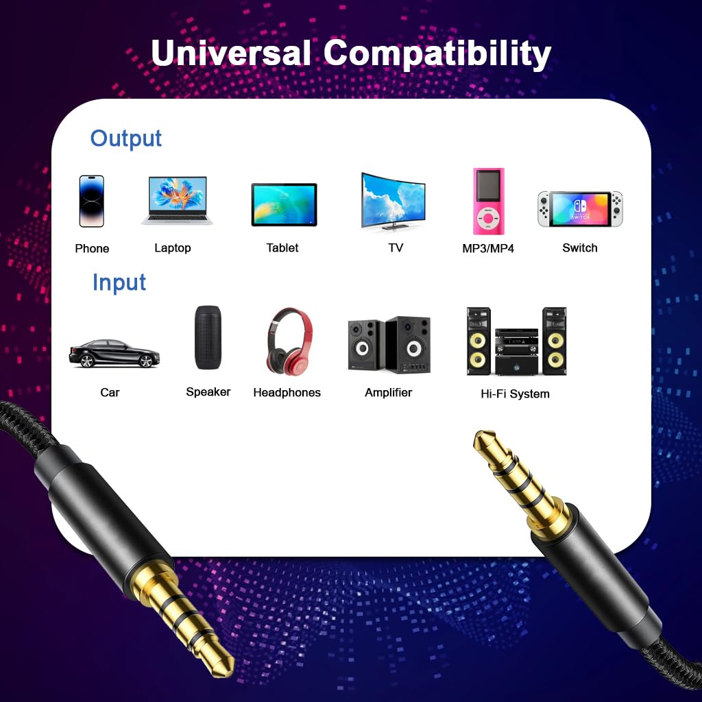 Verilux Aux Cable for Car and Speakers featuring 4‑Pole TRRS Jacks 9.8 ft Nylon Braided | Gold‑Plated Connectors