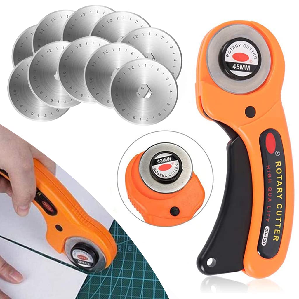 ZORBES® Alloy Steel 45mm Rotary Manual Cutter Roller with 10 Blades, Lock Button for Paper, Fabric, Cloth, Leather Craft