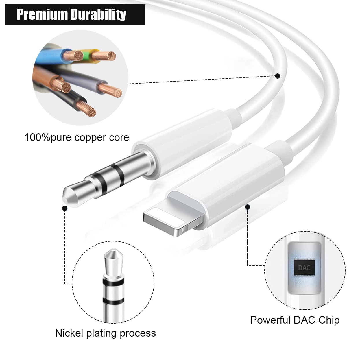 Verilux Lightning to 3.5 mm Audio Cable for iPhone featuring 3.3 ft length and soft TPE | plug and play connection for car and home stereo