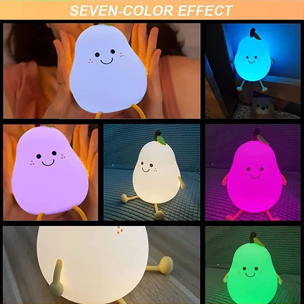 Verilux Cartoon Pear Night Lights for Kids Color Cute Smile Pear Night Light Soft Silione Lamp USB Rechargeable Nursery Night Light for Boys Girls Bedroom