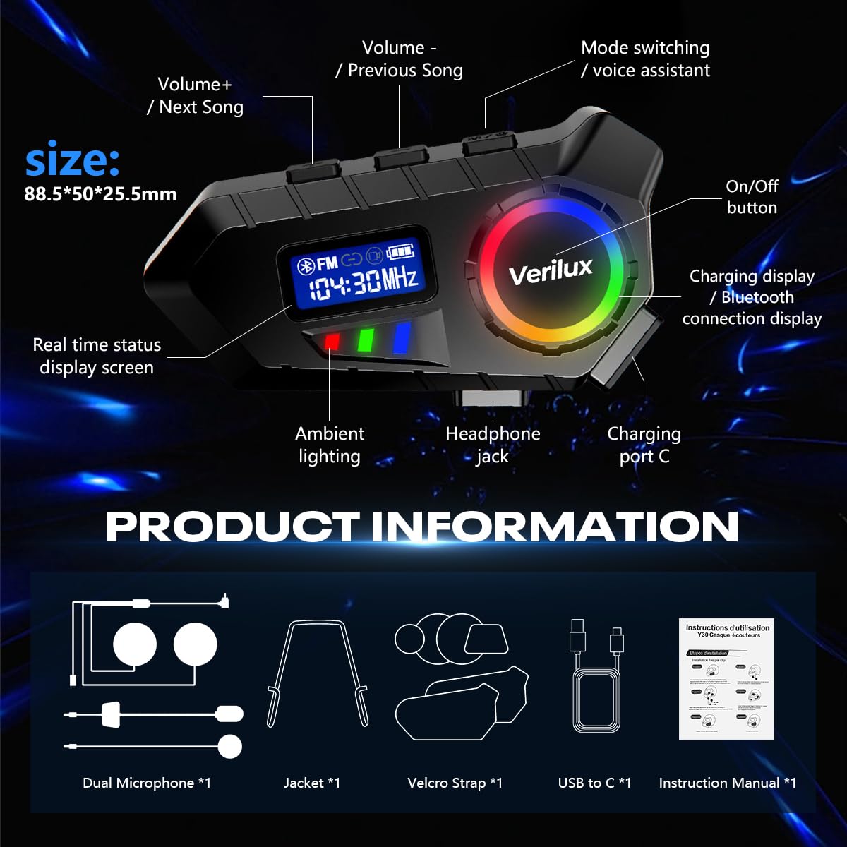 Verilux Bluetooth Helmet Headset for Motorcycles and Outdoor Sports featuring Noise Reduction Mic & LCD Display | IP65 Waterproof with 10 m Range
