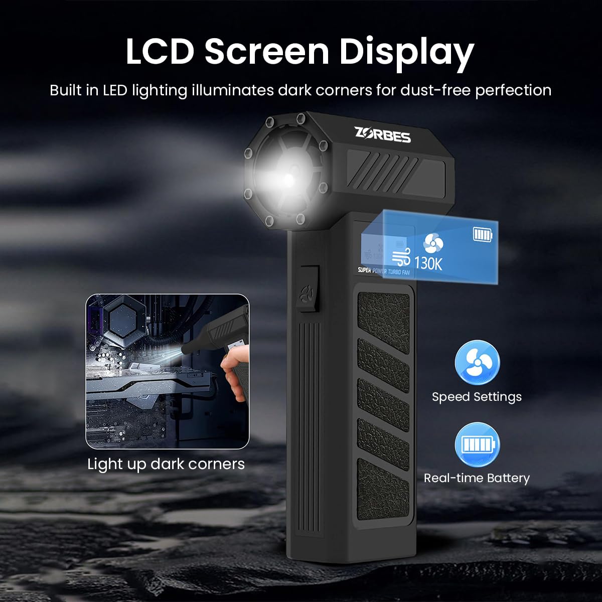 ZORBES® Handheld Air Duster, Mini Blower Fan Turbo Jet Blower with Display, 2 Nozzles Ultra Strong 4 Stage Wind Adjustment, USB LED Portable Air Blower for Car Cleaning Computer Keyboard Travel Hiking