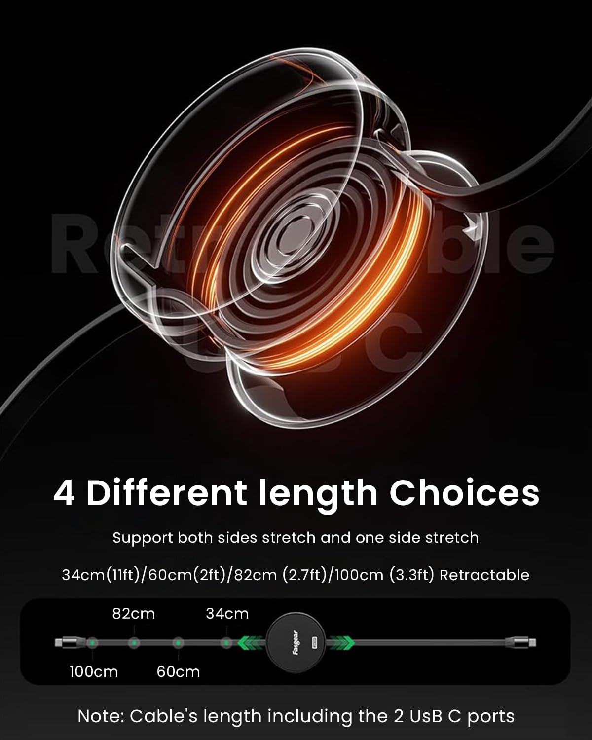 Verilux USB C to USB C Retractable Cable with 240W PD Fast Charge 3.3ft Length | Black