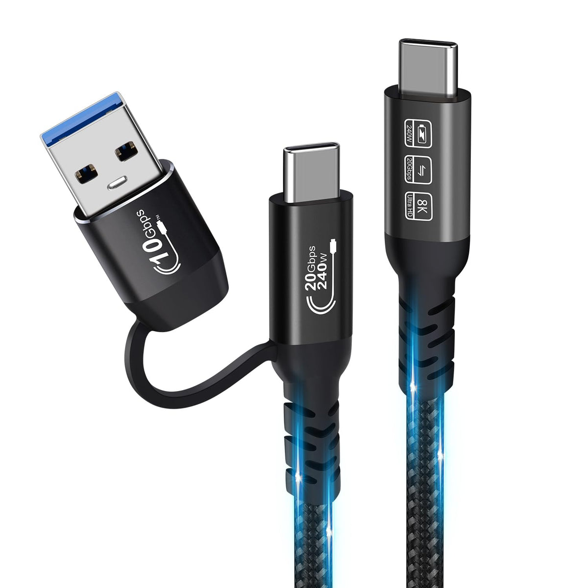 Verilux® 2-in-1 PD 240W Type C to C Cable Fast Charging, 3.3Ft Nylon Braided USB A/C to C Cable with Support 10Gbps High-Speed Data Sync, 8K HD Video Output for Thunderbolt 3/4, iPhone 17/16/15 Series