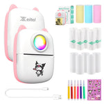 Zeitel® Mini Bluetooth Thermal Printer with LED, Portable Label Inkfree Mini Printer for Android & iOS System, Black on White Thermal Printer with 13 Roll of Paper, 5 Color Pen, 1 Kuromi Sticker, Pink