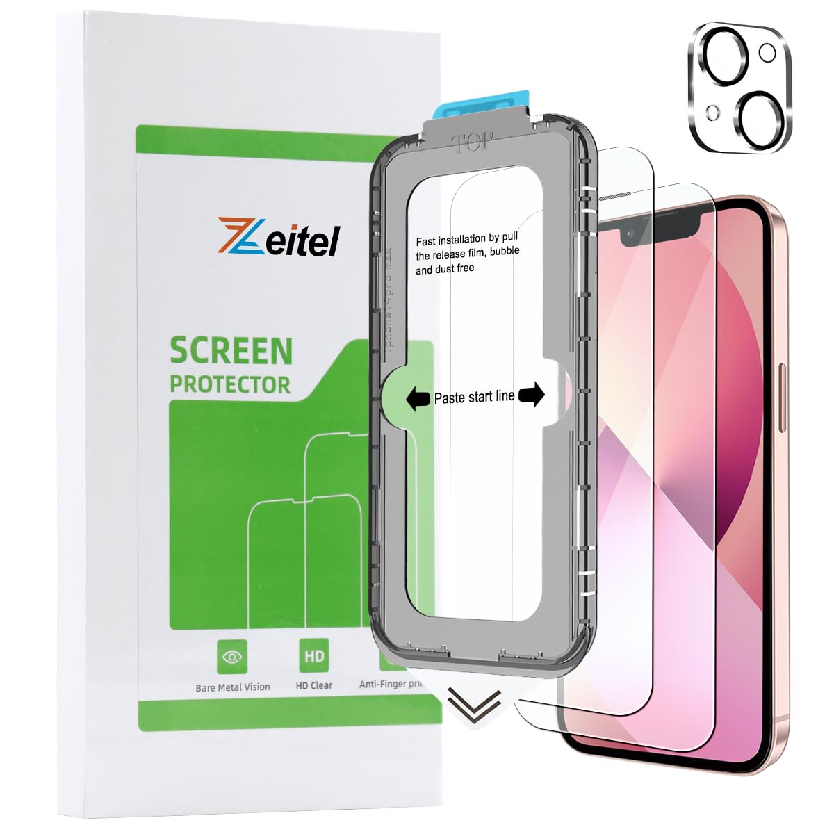 Zeitel® Tempered Glass Suitable for iPhone 13 6.1 Inch with Anti Fingerprint Screen Protector Auxiliary Installation Kit 2 Scratch Resistant Screen Protectors and 1 Lens Protector