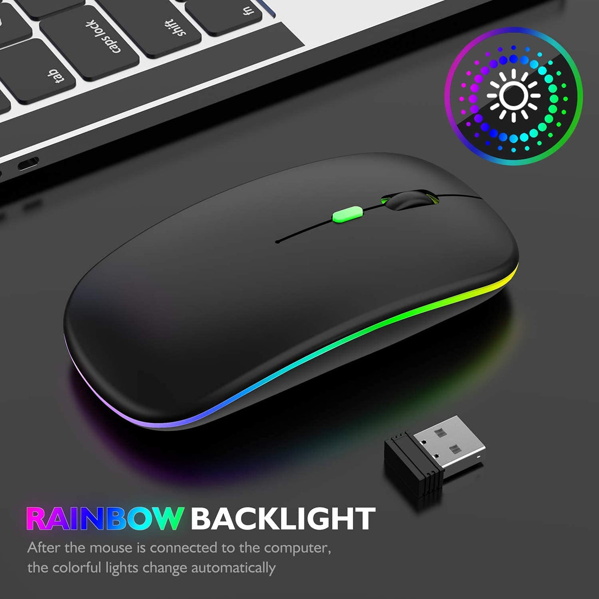 Verilux Wireless Bluetooth Mouse with 800‑1600 DPI and Dual Mode Connectivity for PC | Rechargeable RGB Laptop Mouse