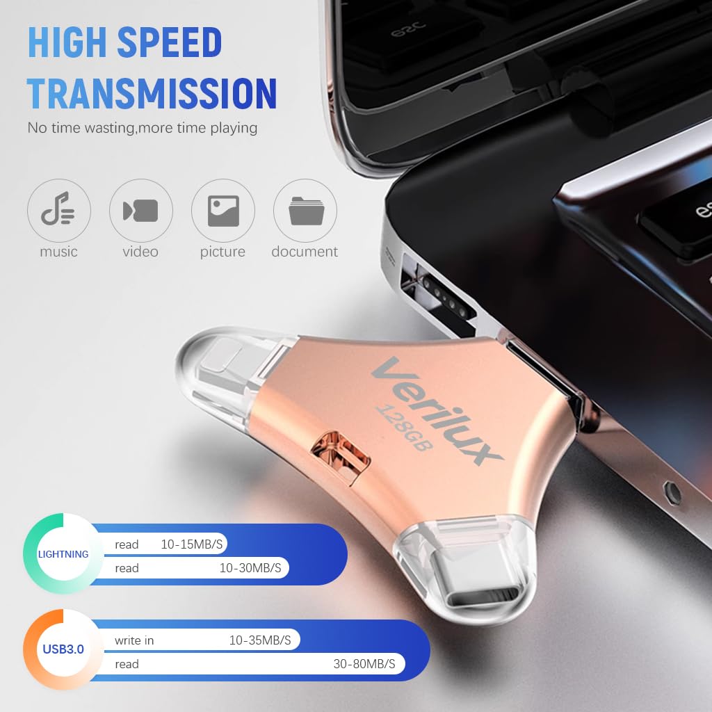 Verilux Pendrive 128 GB for iPhone and Android featuring 4 in 1 Type C Ports | Pink Metal