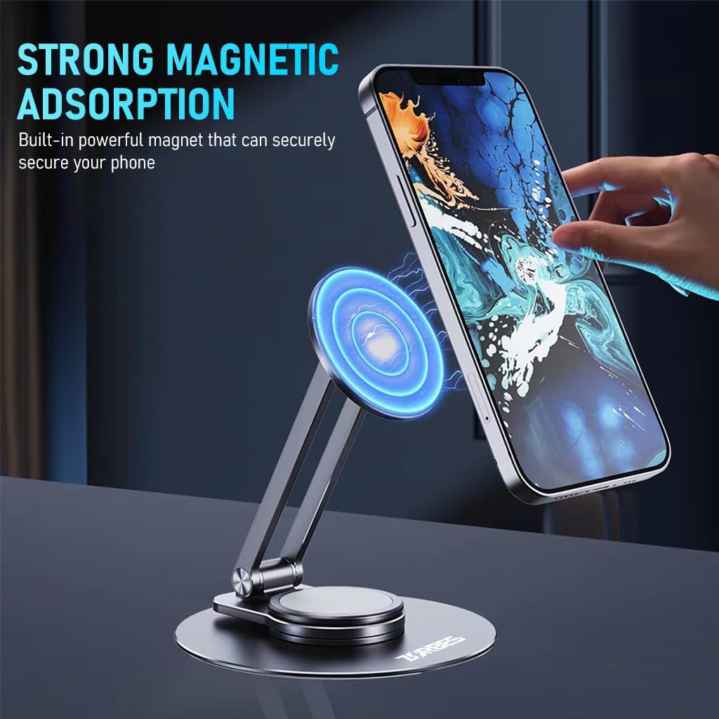 ZORBES® Magnetic Desk Phone Stand for iPhone 14 13 12 Series, Aluminum Phone Holder with 360°Rotation Base Adjustable Foldable Mobile Stand Compatible with iPhone 14 13 12 Pro Max Mini, Mag Safe Case