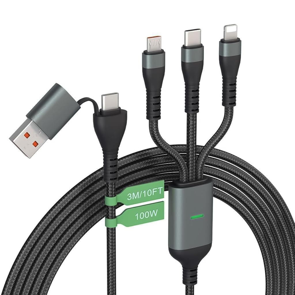 Verilux® Multi Charging Cable USB A/TYPE C Charging Cable 10Ft Nylon Braid Cable Support 100W Fast Charging 5 in 1 Multi Connector Charging Cable for iPhone 15 14 MacBook Pad Galaxy Android
