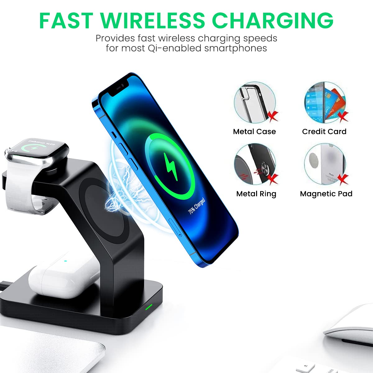 ZORBES® Magnetic Wireless Charging Station for Apple Series, 3-in-1 Standard 15W Fast Mag-Safe Charger Stand for iPhone 14, 13, 12 Pro Max/Pro/Mini/Plus, iWatch 8/7/6/5/4/3