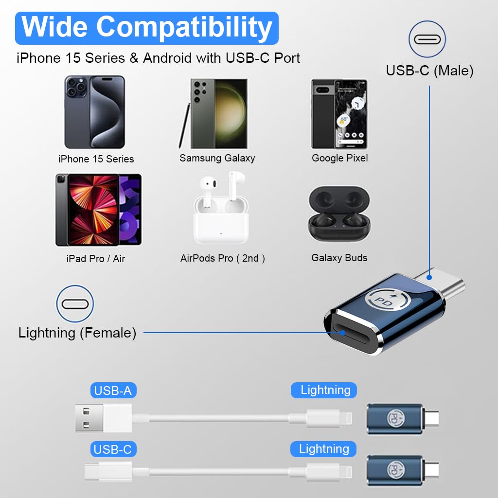 ZORBES® USB C Adapter for iPhone 15, USB C Male to Light-ning Female Adapter for Light-ning Charging Cable, 27W PD Fast Charging & Data Transfer for All iPhone Devices iPhone 15/15 Plus/15 Pro Max