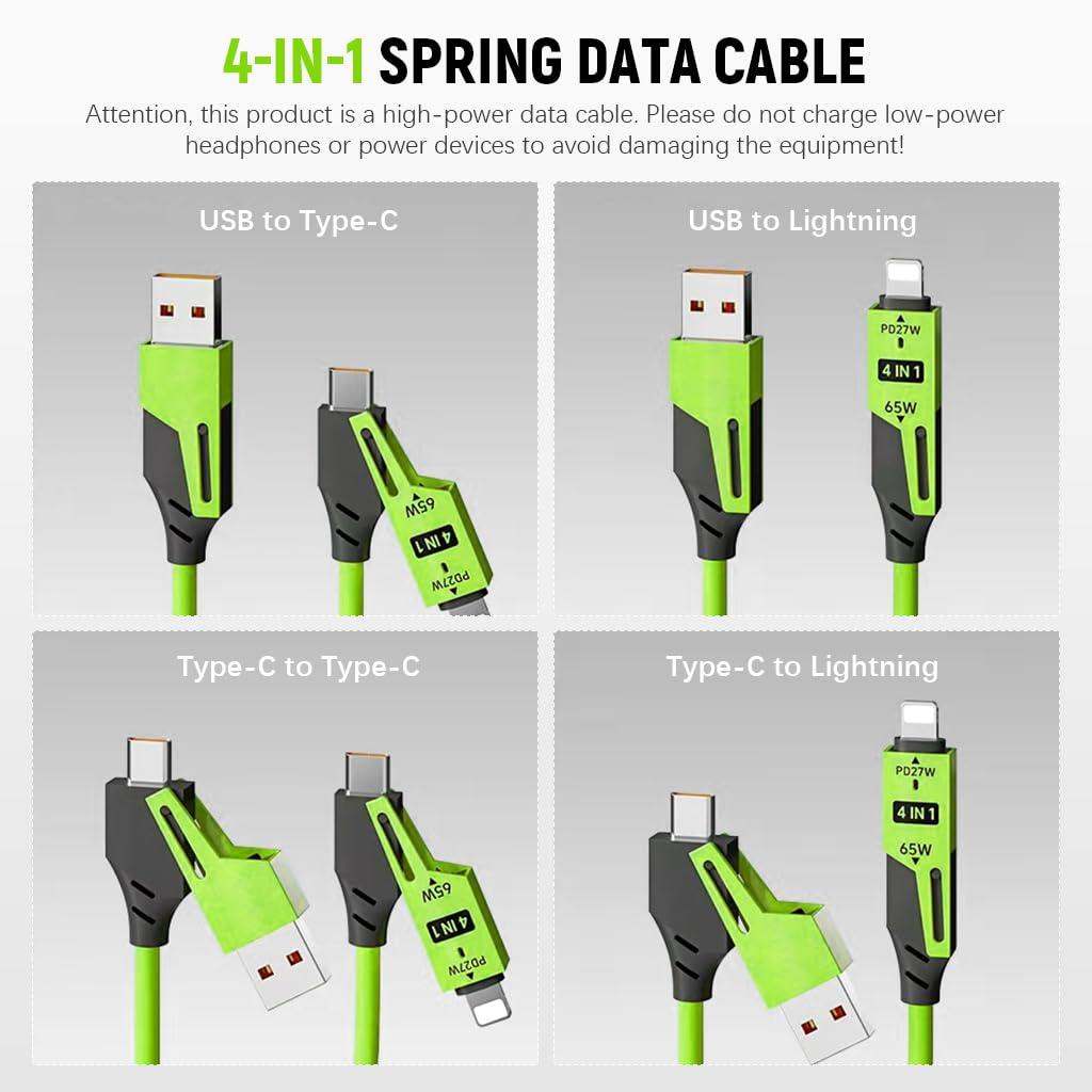 Verilux 4 in1 Type C Cable with Spring PD65W Fast Charging and 480Mbps Data Transfer | Green 2PCS