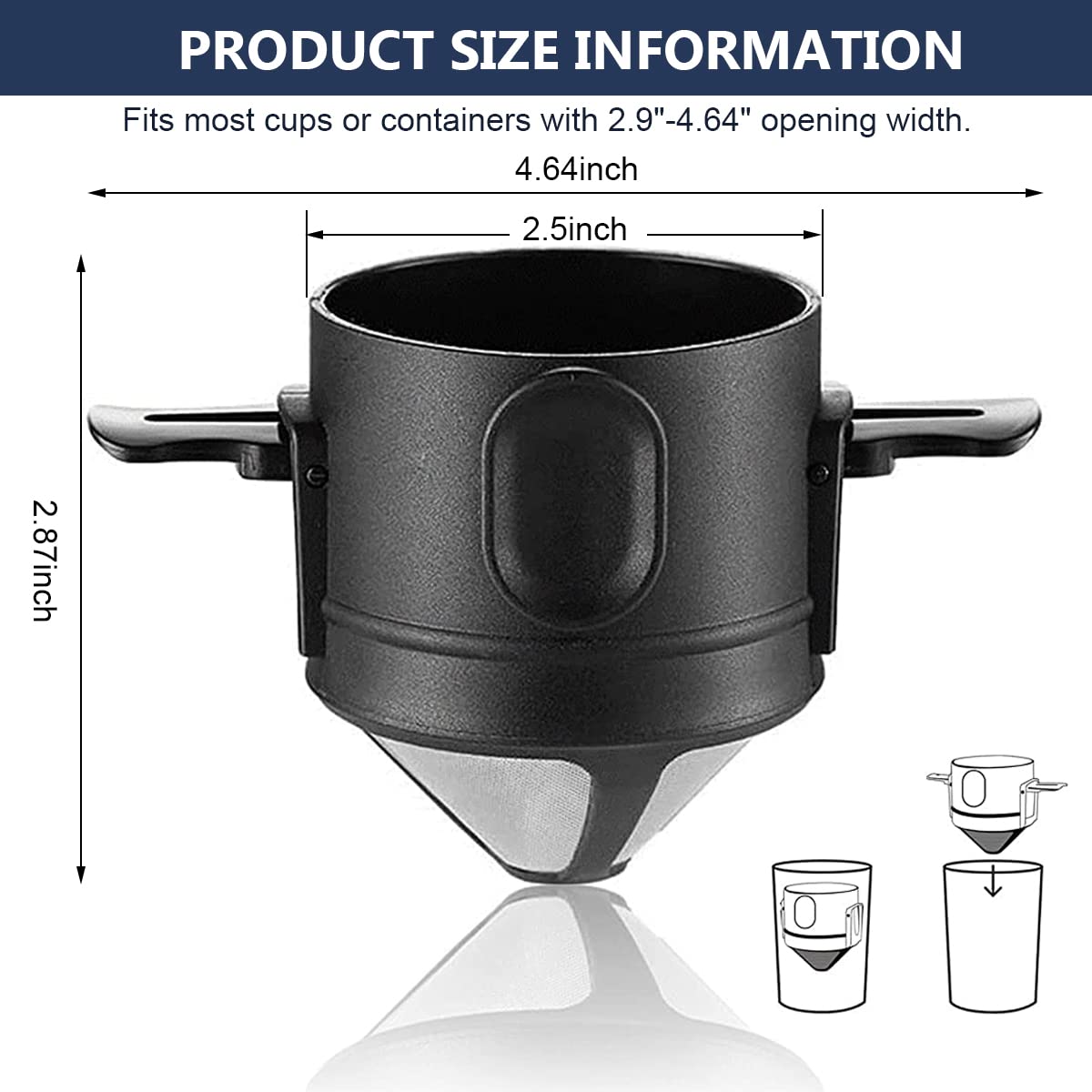 Verilux Filter Coffee Maker with Bottom Cup Double Mesh Pour Over Coffee Filter Food Grade Stainless Steel & Plastic Coffee Dripper 100% Paperless Foldable to Fit Most Cup Keep Coffee Flavour Easy Use & Clean