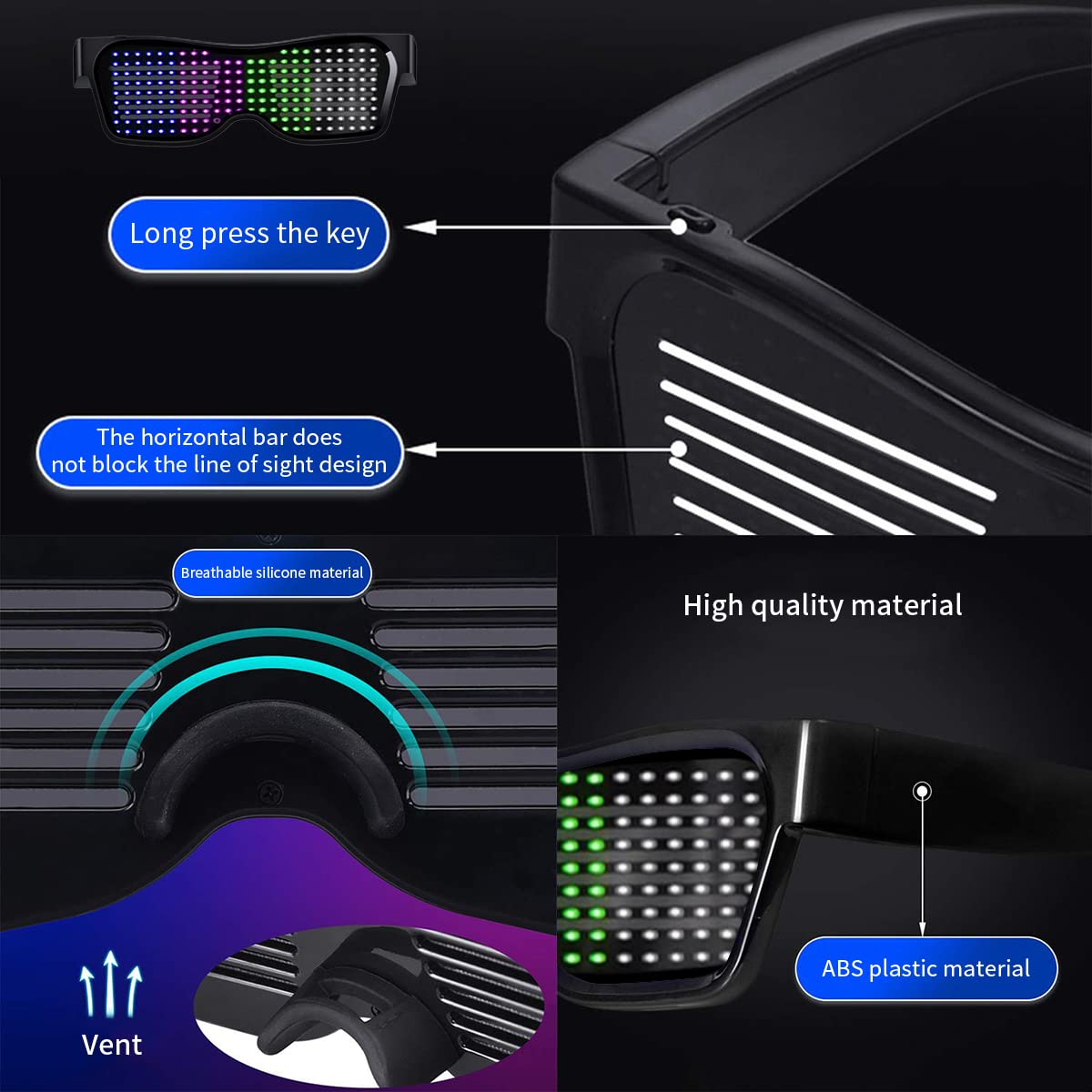 ZORBES® LED Glasses for Party Bluetooth Light Glasses for Party APP Control Music Sync Mode LED Display Smart Glasses, USB Rechargeable Glasses for Nightclub, Festivals, Raves, Christmas, Birthday