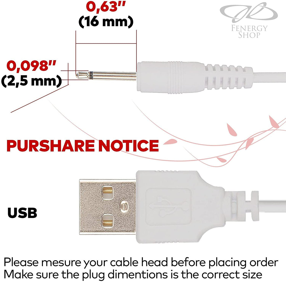 Verilux USB Charging Cable for 2.5mm Jack Beauty Devices featuring Copper Wire Core 80cm | Reliable DC Power Connection