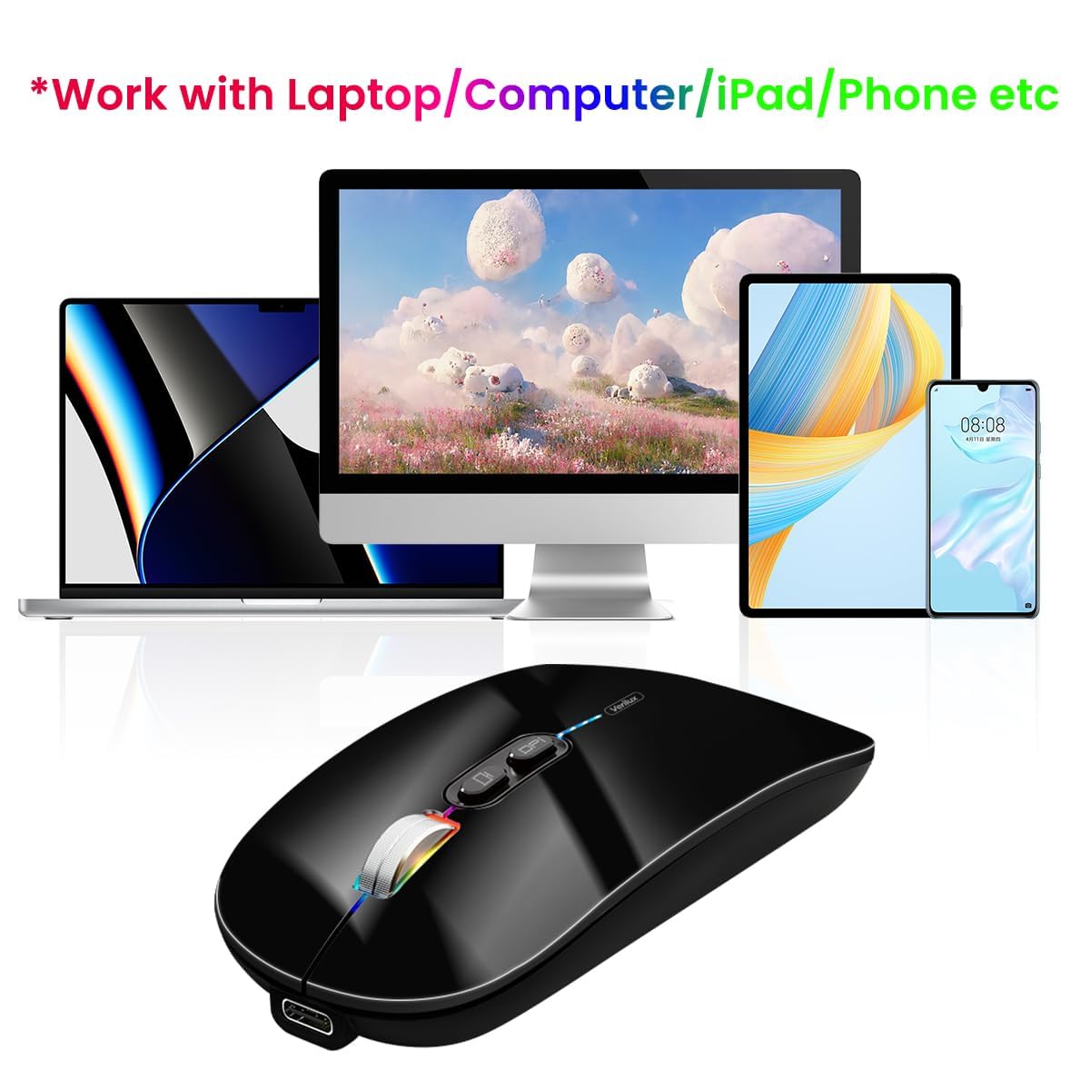 Verilux® Wireless Mouse Upgrade Three Modes 2.4G & Bluetooth 3.0 & Bluetooth 5.1 Wireless Fashion Ultra Slim Silent Mouse Game Mouse with Adjustable DPI for iPad, Laptop, PC, Mac, Windows, Black