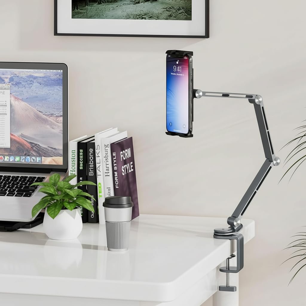 ZORBES® 360 ° Rotatable Desk Phone Stand Tablet Holder Mount, Mobile Screw Clip Metal Phone Mount, Flexible Metal Arm Design, Compatible with Tablets, Phones or 4-15.6" Device