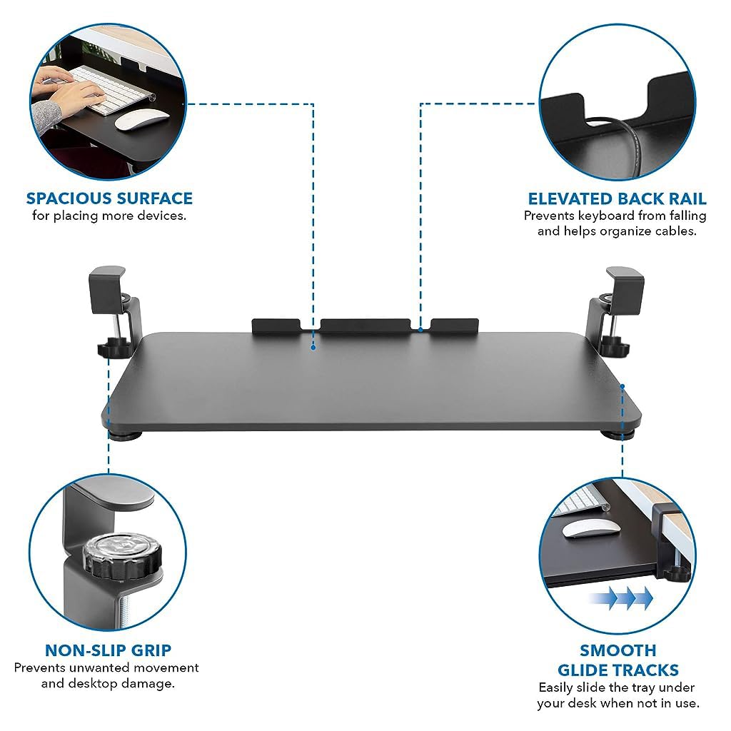 Verilux® Keyboard Tray Under Desk Pull Out Keyboard Rack, Retractable Clip Mount Installation Drawer Style Keyboard Rack Under Sliding Keyboard Rack for PC Desk, Office Desk, Dorm, 25.5'' x 9.8''