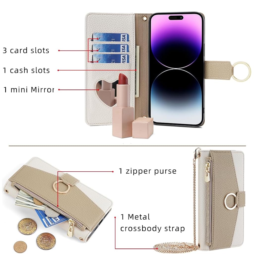 ZORBES® Leather Phone Case for iPhone 15 Pro Max Fashion Women Flip Wallet Phone Case with Cash Zipper Pouches & Card Holders Multifunctional PU Leather Flip Phone Case with Removable Chain Strap