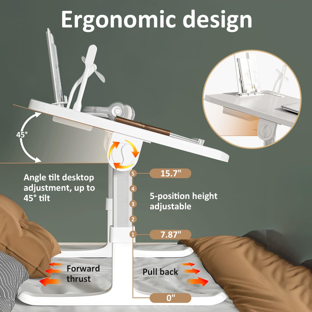 ZORBES® Folding Laptop Desk on Bed Adjustable Height and Tilting Laptop Desk with Drawers, Phone Stand & 4 USB Ports Large Laptop Desk Bed Table for Reading, Writing, Working at Home