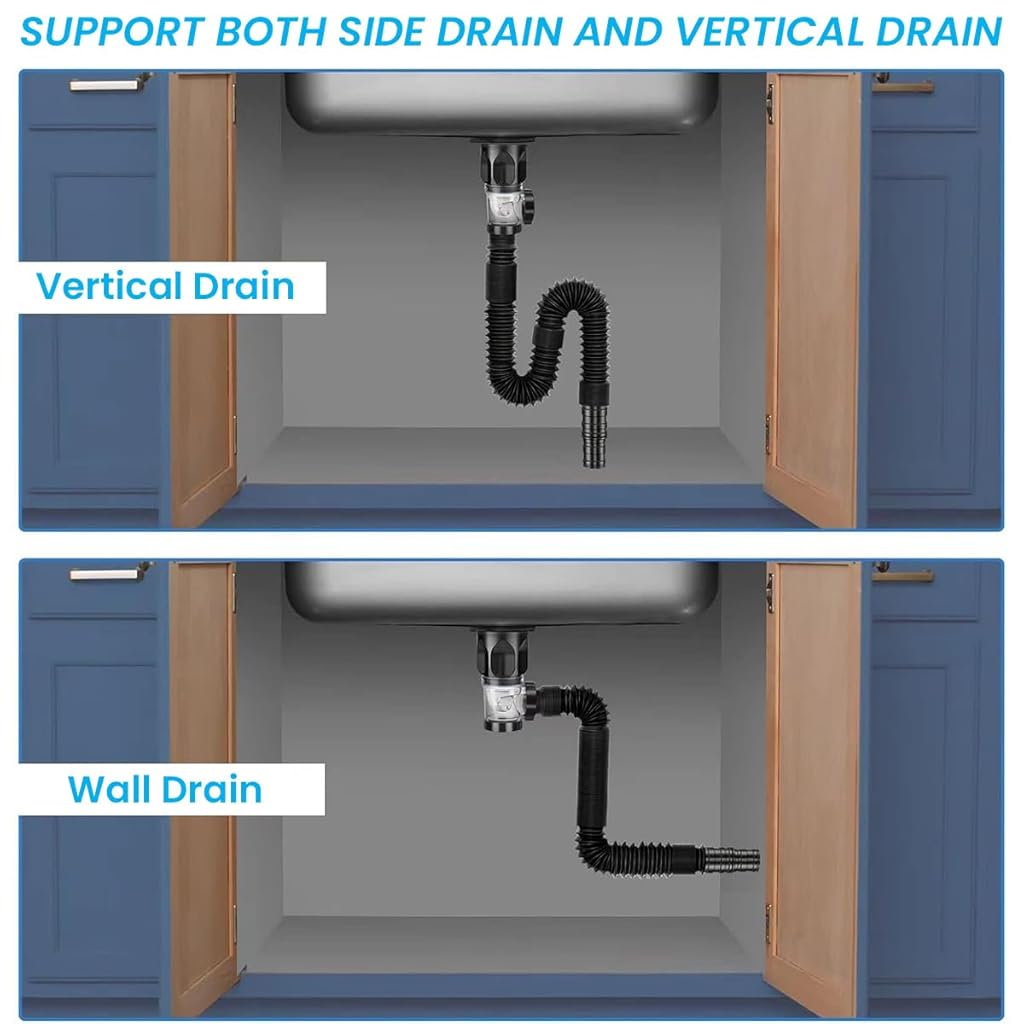 Serplex® Flexible Drain Pipe Wash Basin Sink Drain Hose PVC Water Pipe Vessel Sink Extension Fits for 3-4.5 cm Hole,Flex-drain Kit with Flexible & Expandable P-trap