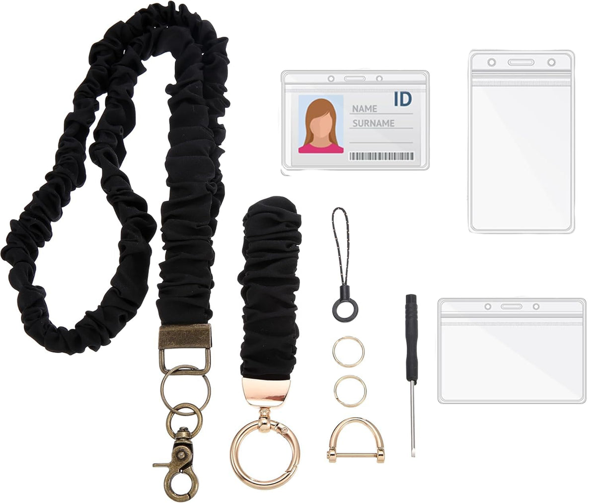 ZORBES® Scrunchie Lanyard with ID Badge Holder Set, Fashion Black Elastic Lanyard with Keychain, Card Holder, Key Rings & Accessories, Comfortable Neck Strap for Work, Office, and Events