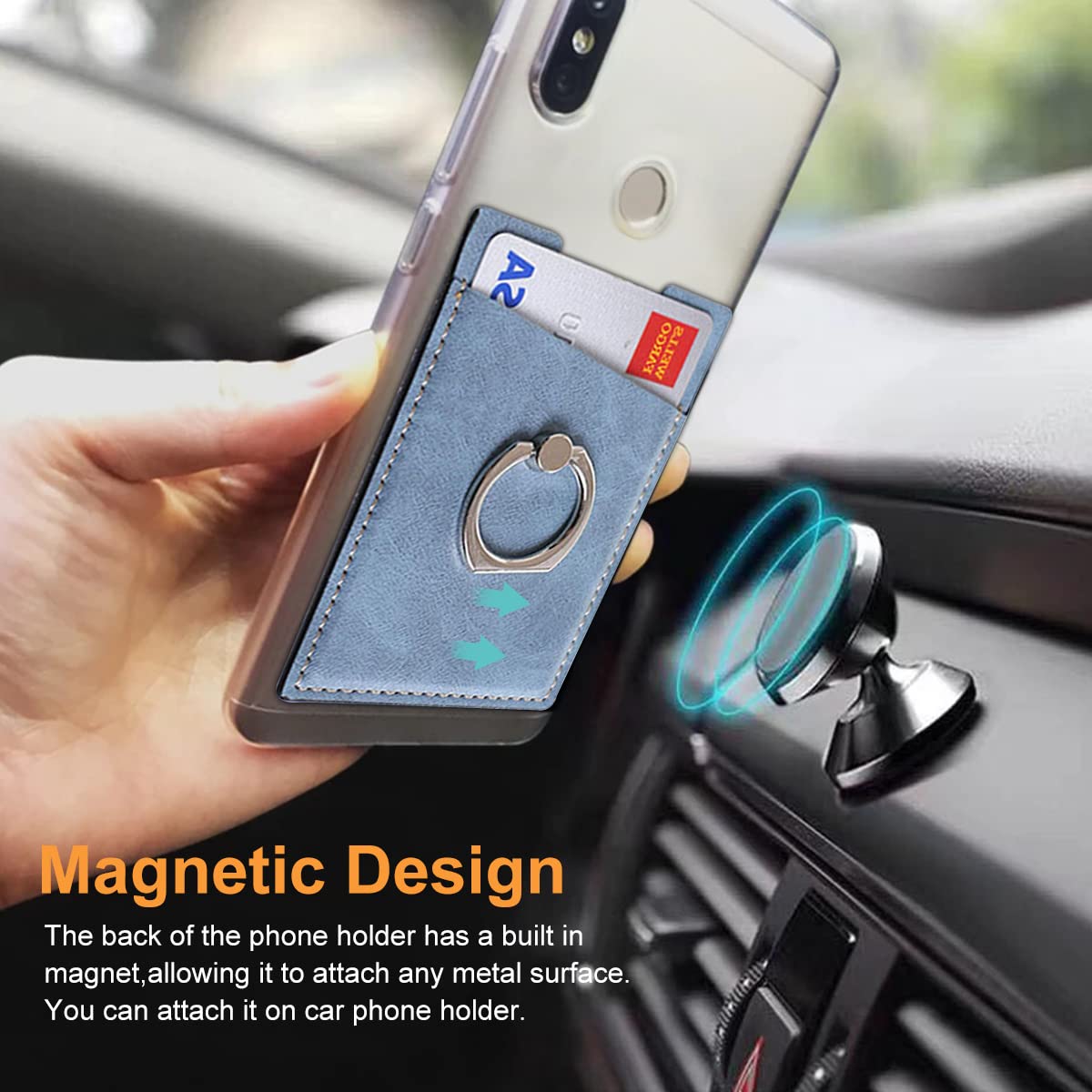 Verilux Phone Card Holder for Smartphones with 360° Rotatable Finger Ring | Blue PU Leather 10.3×6.1 cm