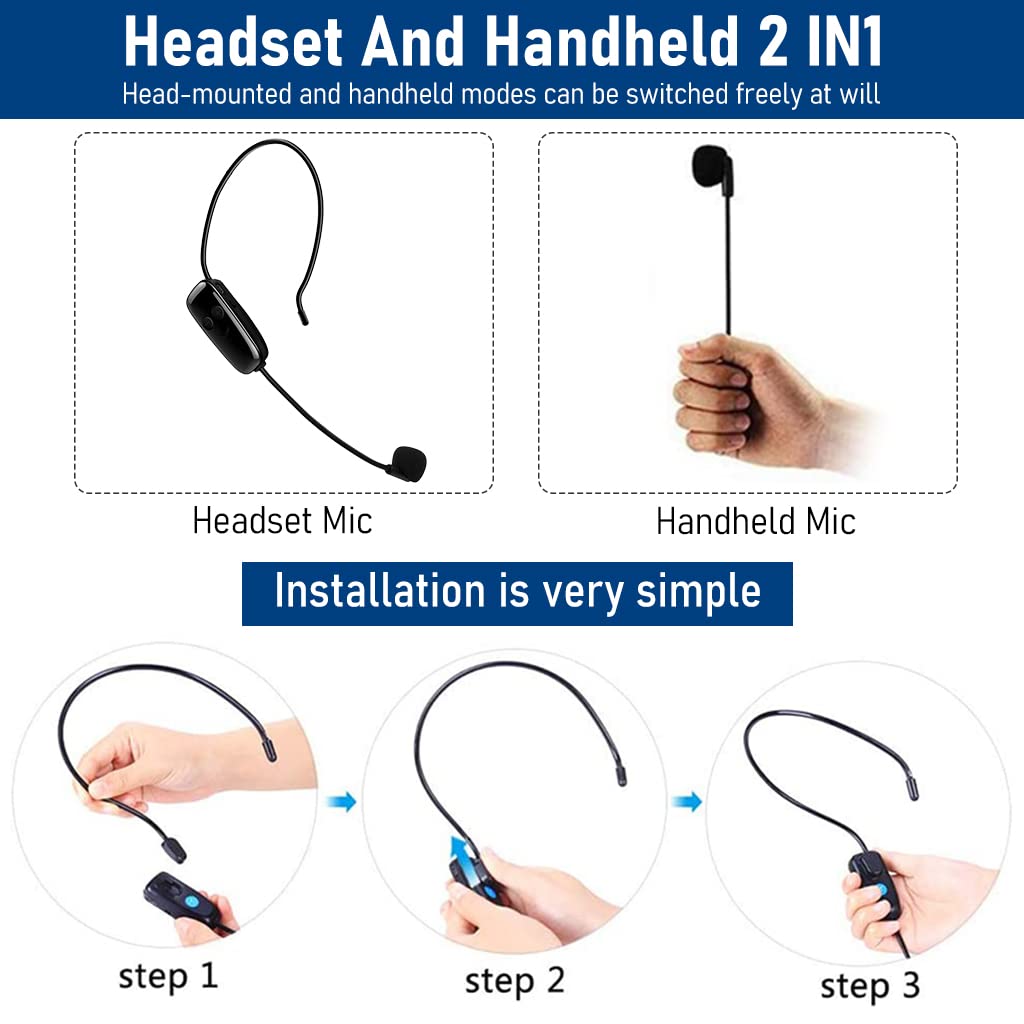 ZORBES® Dual UHF Wireless Microphone - 2 in 1 Headset and Handheld, Rechargeable, 165ft Range - Ideal for Stage Speaker, Teaching, Guiding and Fitness Classes.