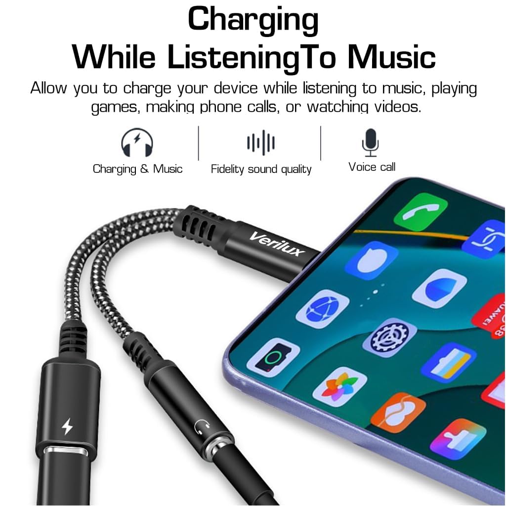 Verilux® USB C to 3.5mm Jack Audio Adapter, 2 in 1 Type C to Aux Audio Jack with 60W PD Fast Charging, Game Sound Card Game Audio Adapter Compatible with Galaxy S22 S21 Ultra 5G S20 S20+ Plus Note 20