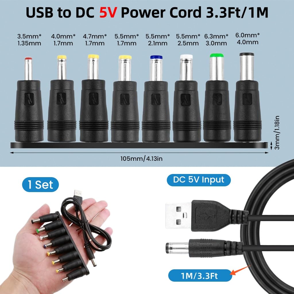 Verilux USB to DC 5V Power Cord 3.3ft for Universal Charging with 8 Interchangeable Adapters