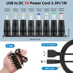 Verilux USB to DC 5V Power Cord 3.3ft for Universal Charging with 8 Interchangeable Adapters