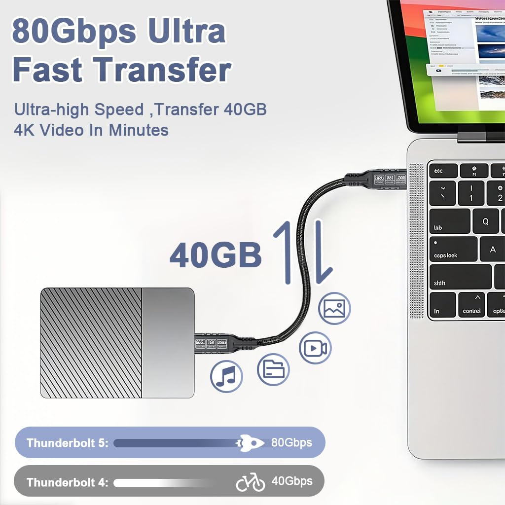 Verilux® PD 240W Type C Cable Fast Charging, 20CM C Type Charger Cable with 80Gbps Data Transfer & 16K@60Hz UItra HD Dislay for Thunderbolt 5/4/3, iPhone 17/16/15, Galaxy S25/S24/S23