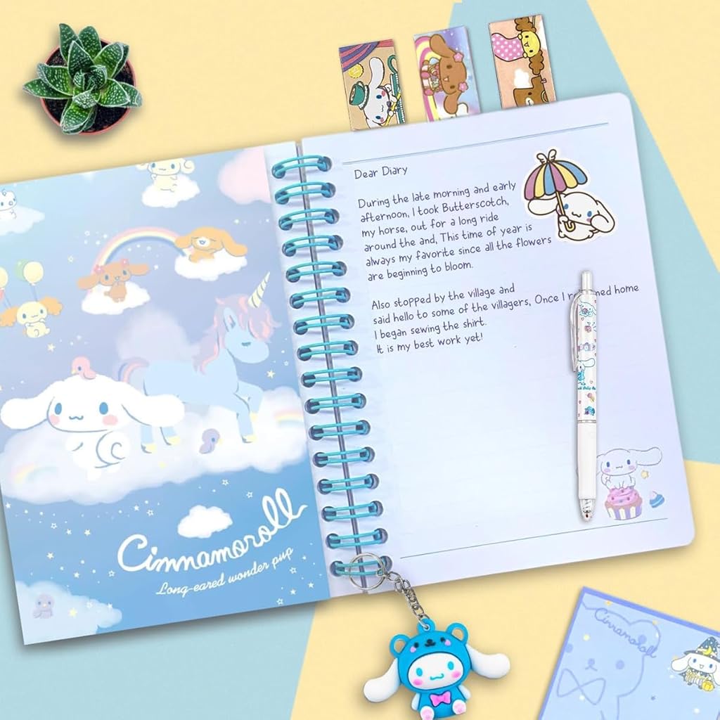 ZORBES® Juego de 26 útiles escolares Kawaii Cinnamoroll, juego de suministros de papelería Kawaii con cuaderno, estuche bolígrafo negro, pegatinas Cinnamoroll surtidas, artículos de papelería