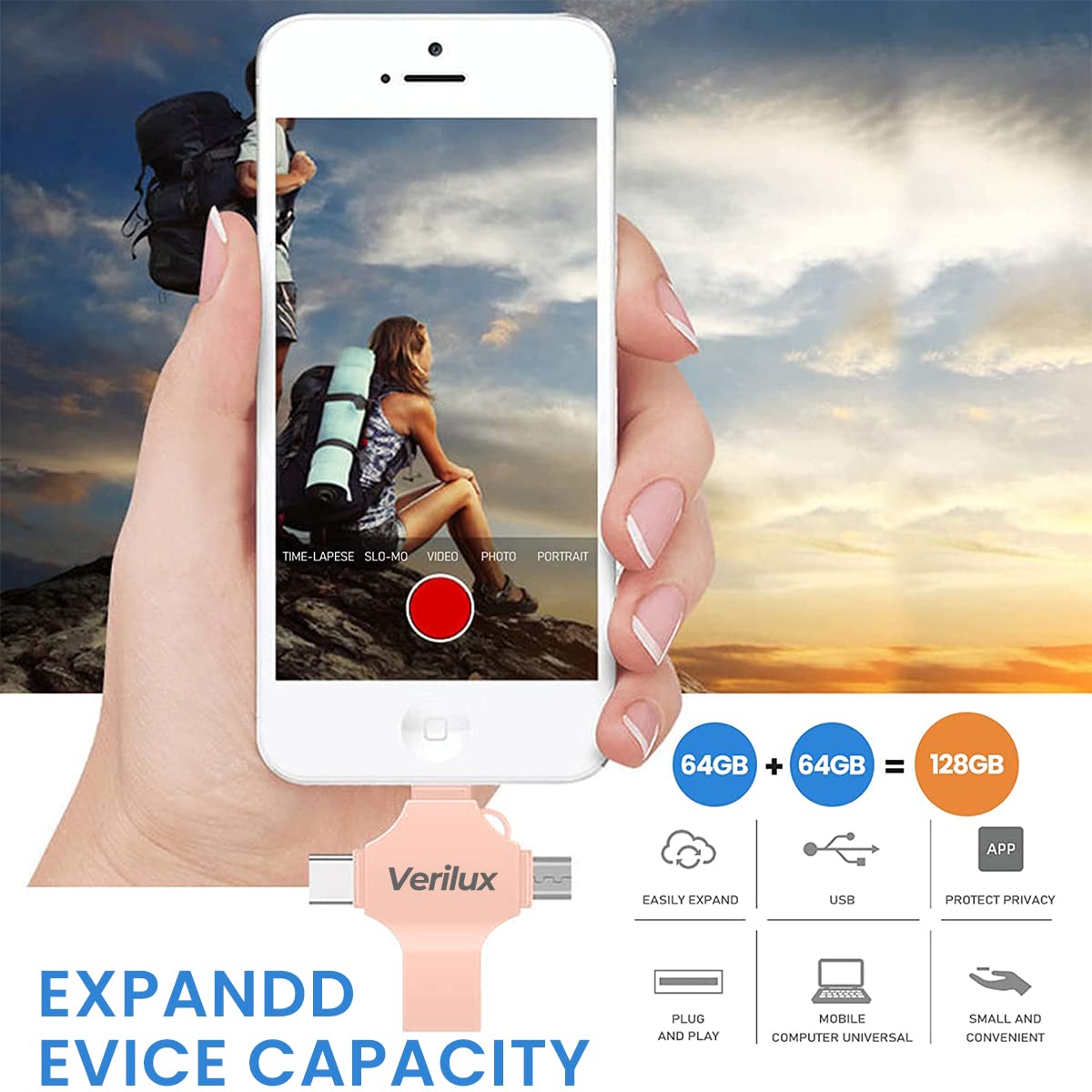 Verilux Pendrive 64GB 4 in 1 Flash Drive with Type C & USB Interfaces | Rose Gold Metal Design