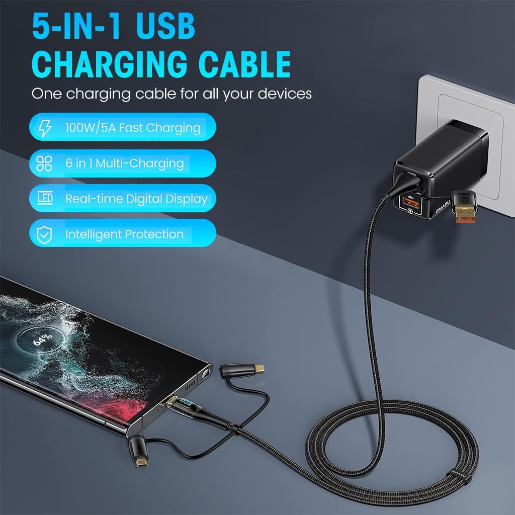 Verilux® Multi USB C Cable, 5 in 1 LCD Display USB C/Light-ning/Micro Fast Charging Cable, 4Ft USB C/USB Charging Cable, 480Mbps Type C Data Transfer for Phone, Laptop, Game Console, Tablet