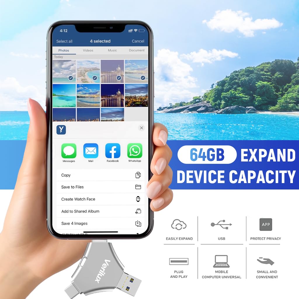 Verilux Pendrive 64GB for iPhone and Android with 4 in 1 Type C USB Adapter | Metal Keychain Design